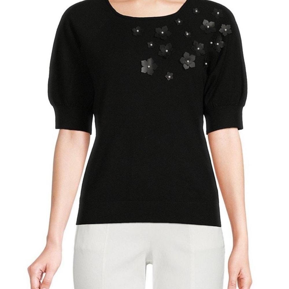 Sioni Black Top with Faux Leather Floral Accents